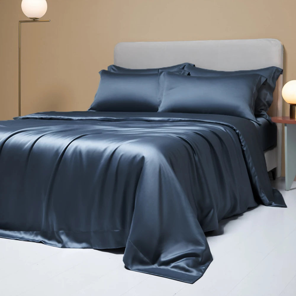 Lofuka Luxury Dark Gray 100% Pure Silk Bedding Set Beauty Double Queen King Quilt Cover Flat Sheet Pillowcase For Healthy Sleep