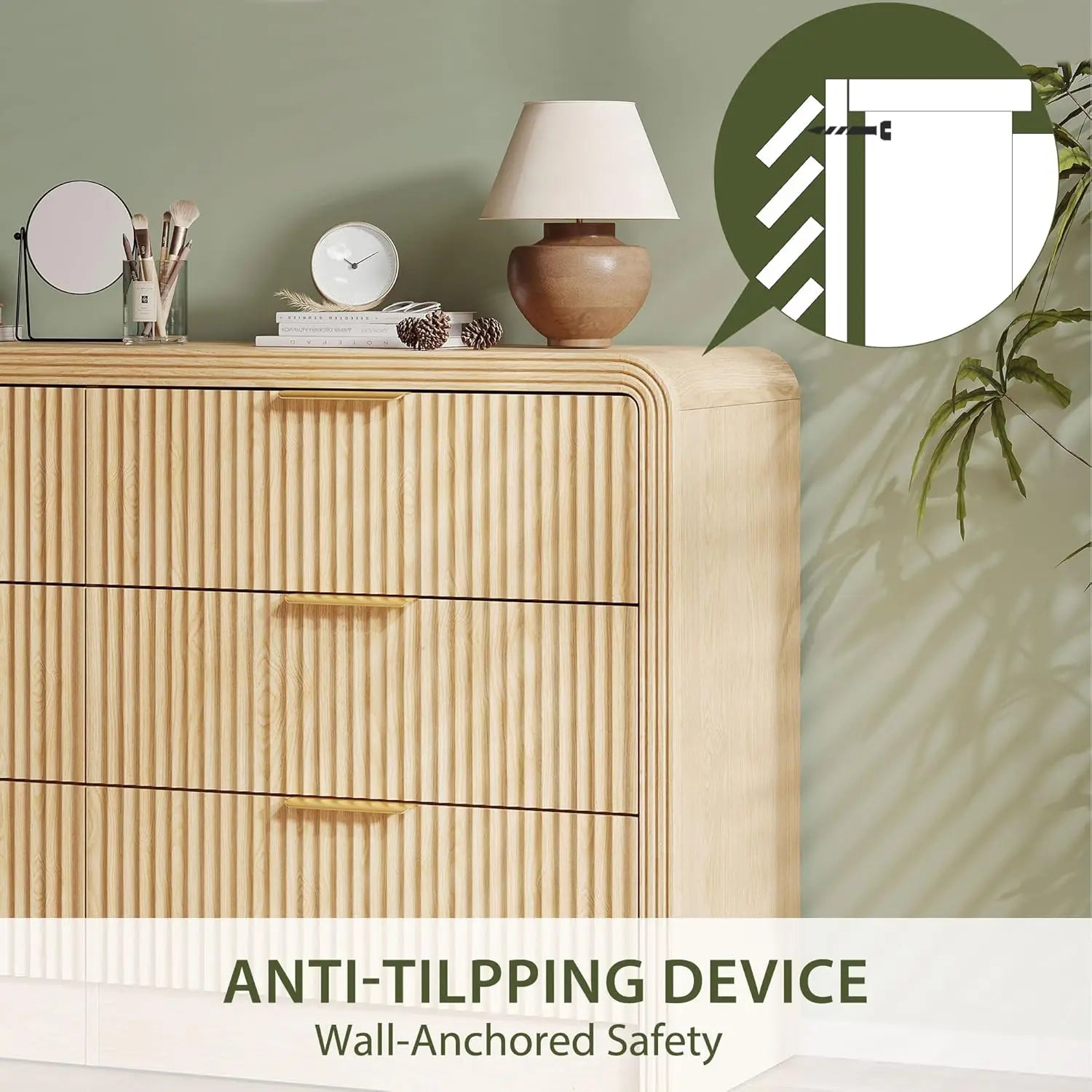 Fluted 6 Drawers Dresser for Bedroom,55'' Wide Wood Dressers with Gold Handles, Modern Dressers Wave Texture,Large Storage Chest