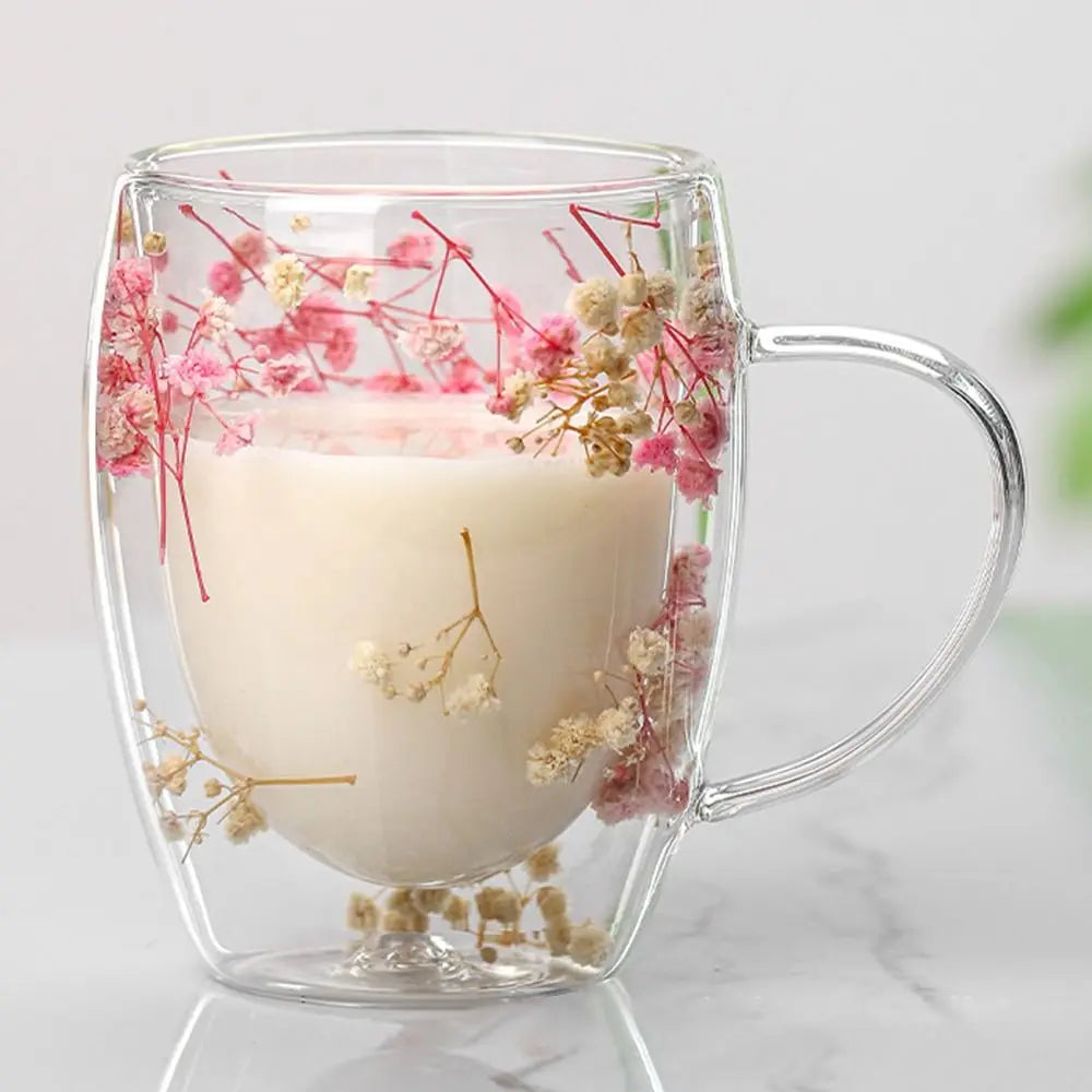 350ml Dried Flowers Glass Mugs with Handle Simple Elegant Double Wall Glass Cup Creative Heat Resistant Coffee Mug Home&Office