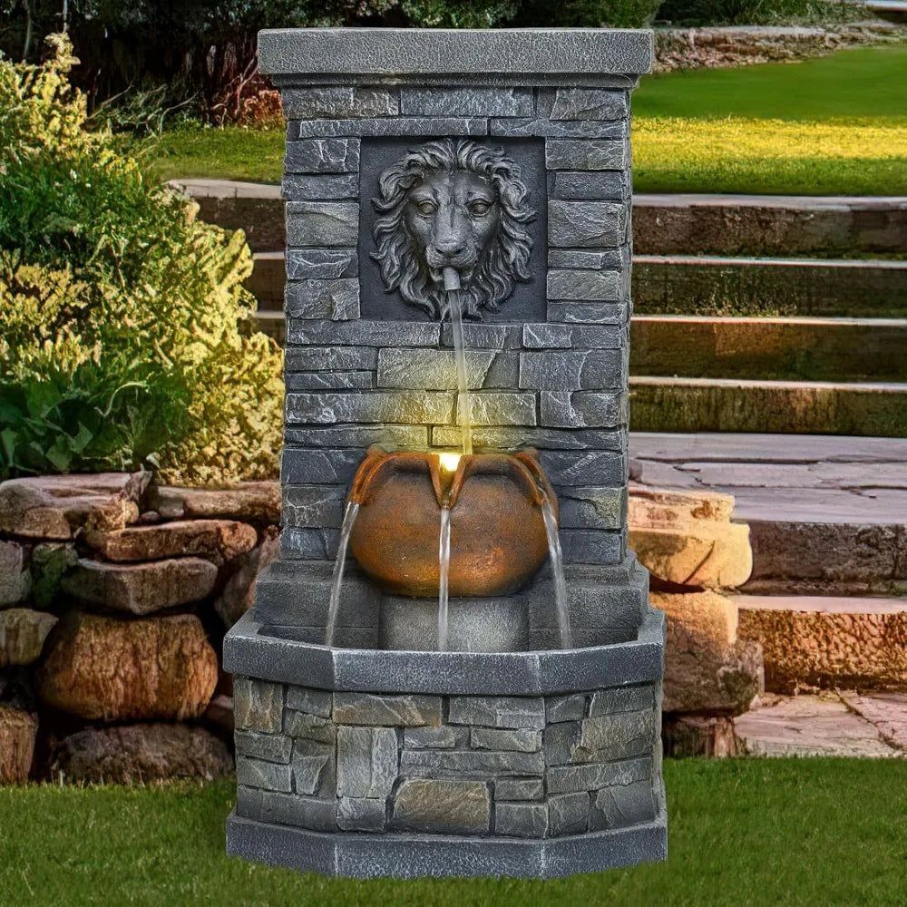 Outdoor Garden Floor-Standing Water Fountain Lion Head Stone with Lights Outdoor Waterfall for Patio, Backyard, Deck, Po