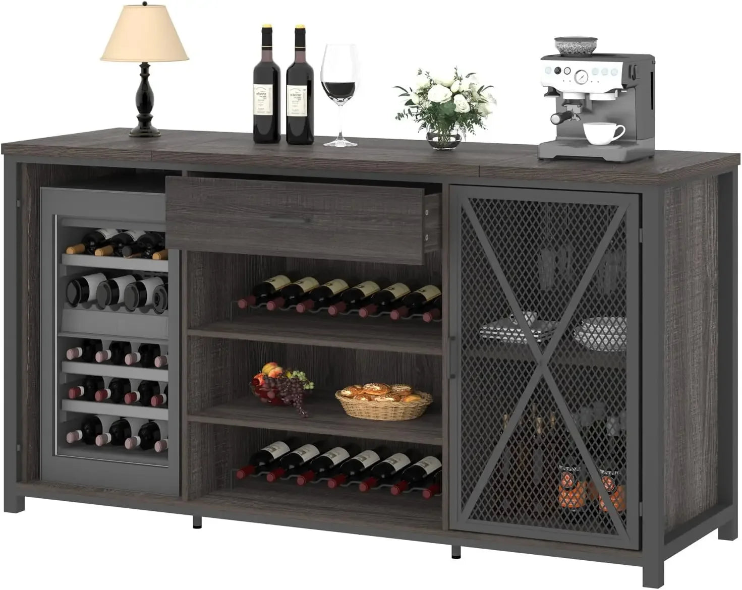 Farmhouse Wood & Metal Wine Cabinet – Large Bar Cabinet with Refrigerated Space