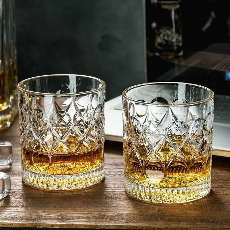 2pcs Glass Cup Whiskey 330ml Relief Cups Drinkware Kitchen Glasses for Cocktail Iced Coffee Beer Water Household Wine Glass Sets