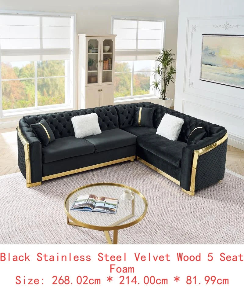 L-Shaped Sectional Sofa Set – 106″ Velvet with Gold Accents