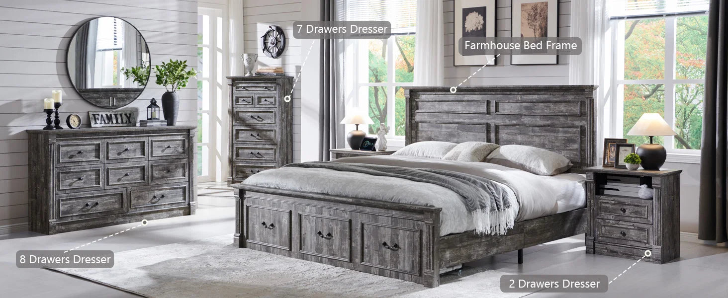 Farmhouse King Size Wood Bed Frame – 51″ Tall Headboard with Roman Column Footboard