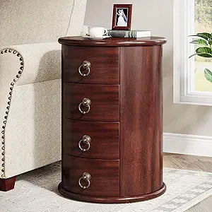 Solid Wood End Table, Round Side Table with 4 Drawers, Vintage Bedside Table Nightstand for Small Spaces, Living Room, Bedroom,