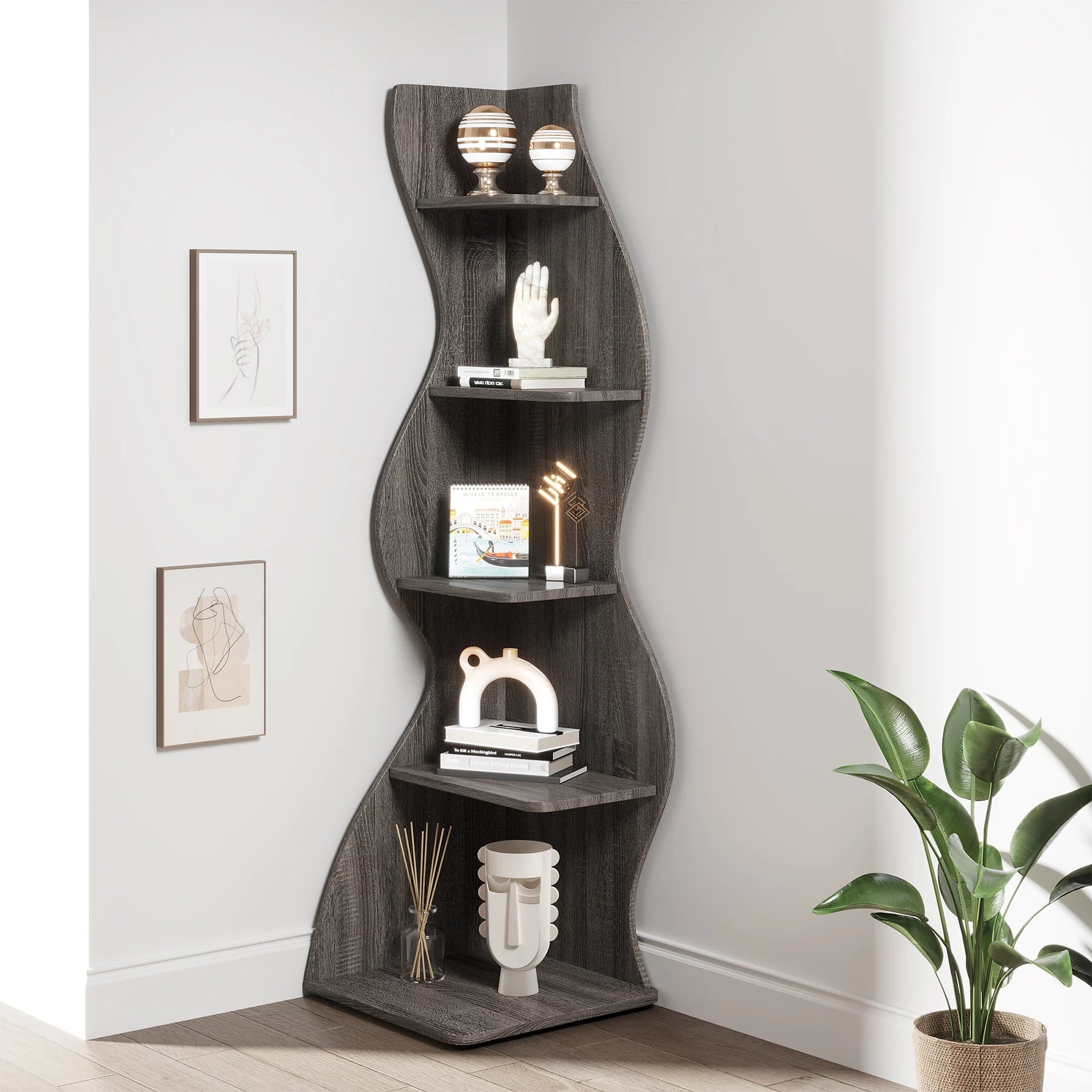 Tribesigns Modern 5-Tier Corner Bookshelf – Wall Corner Storage Rack & Plant Stand