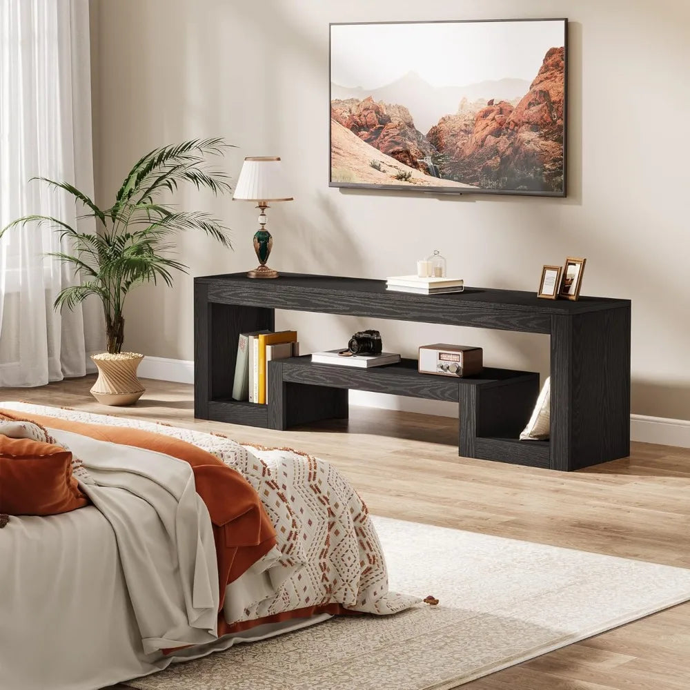 63-Inch TV Stand for 55/60/65/75-Inch TVs, Farmhouse Entertainment Center with Open Storage Shelves, Rustic Brown Television Co