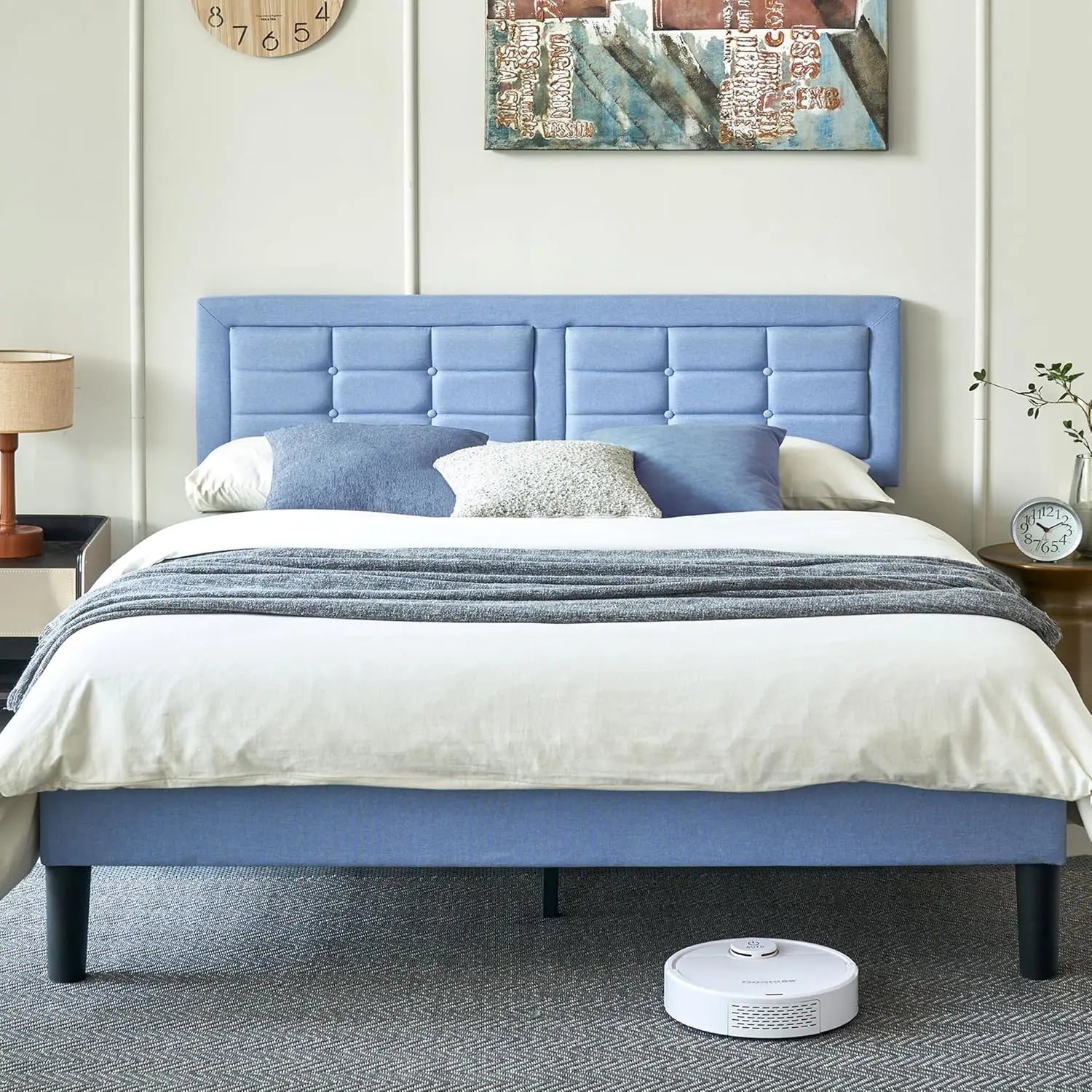Queen Size Upholstered Platform Bed Frame with Adjustable Headboard (Light Blue)