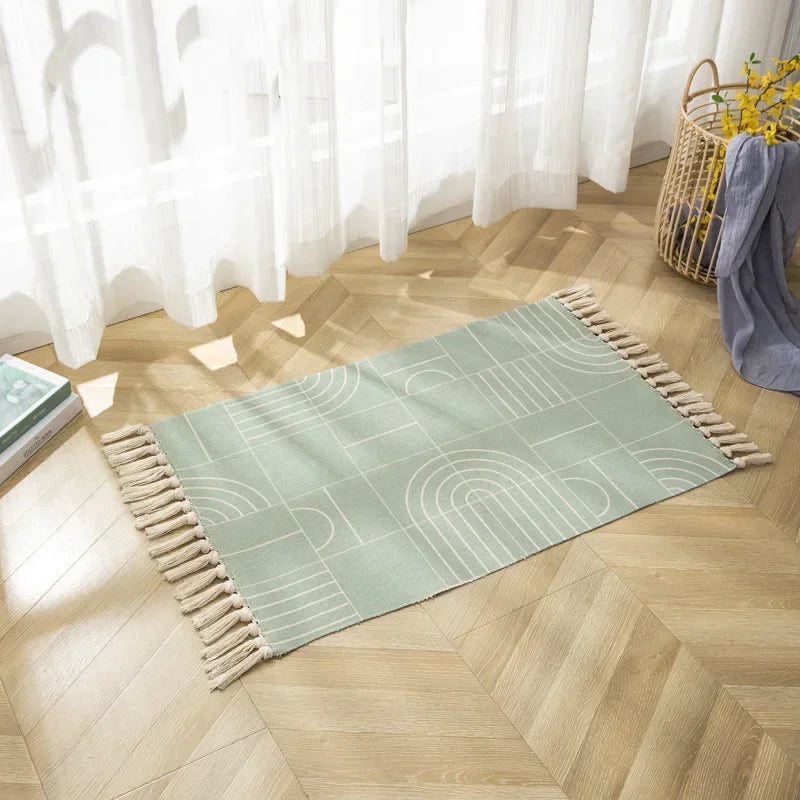 Nordic Cotton And Linen Knit Rug Ethnic Style Carpet Tassel Small Rug Bedroom Kitchen Rugs Mat Boho Washable Home Decoration