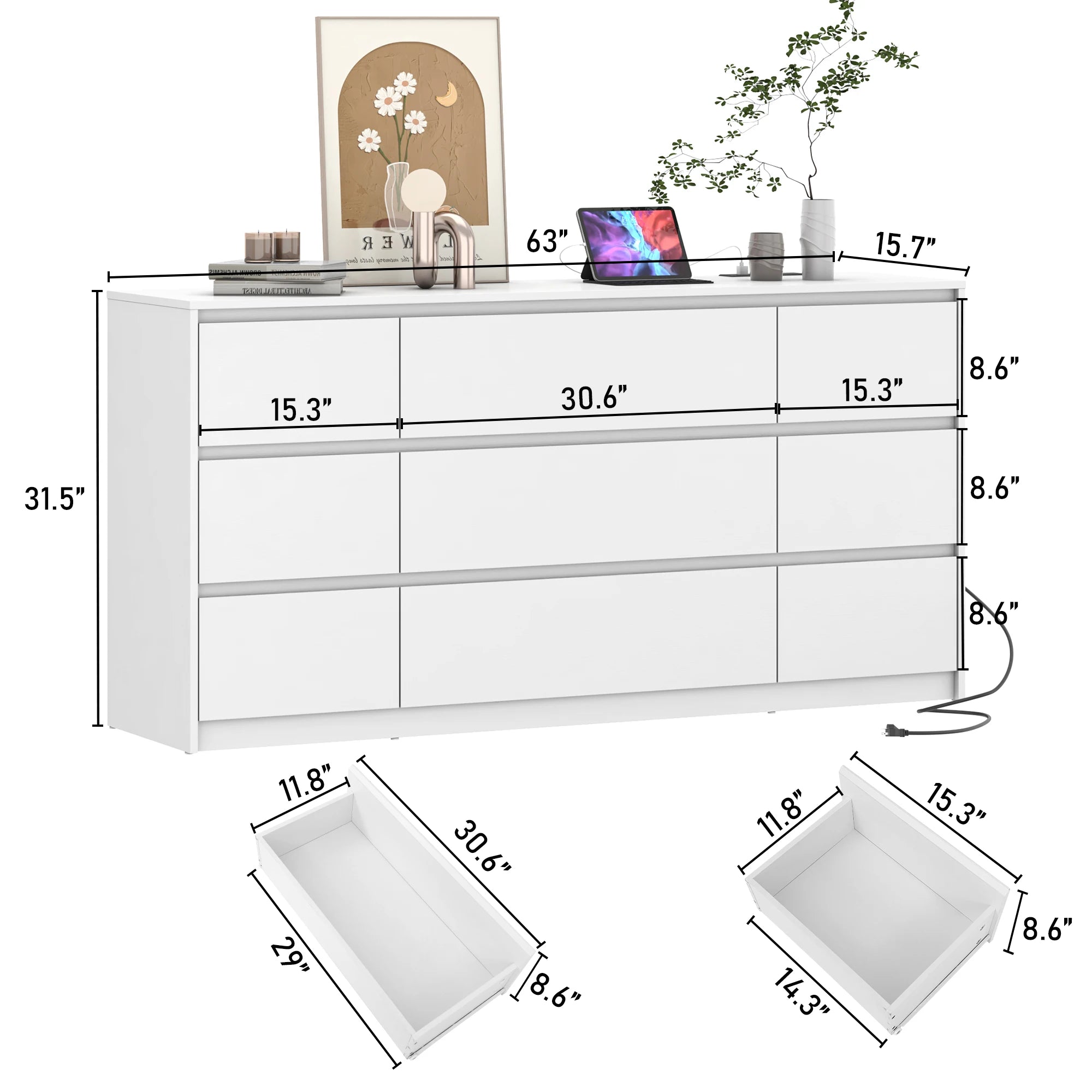 9 Drawer Dresser for Bedroom, 63" Modern Large Wood Chest of Drawers with Charging Station Handle Free, Storage Organizer Closet