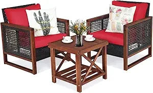 3 Pieces Patio Wicker Furniture Set, Rattan Outdoor Sofa Set w/Washable Cushion & Acacia Wood Coffee Table, Conversation Bistro