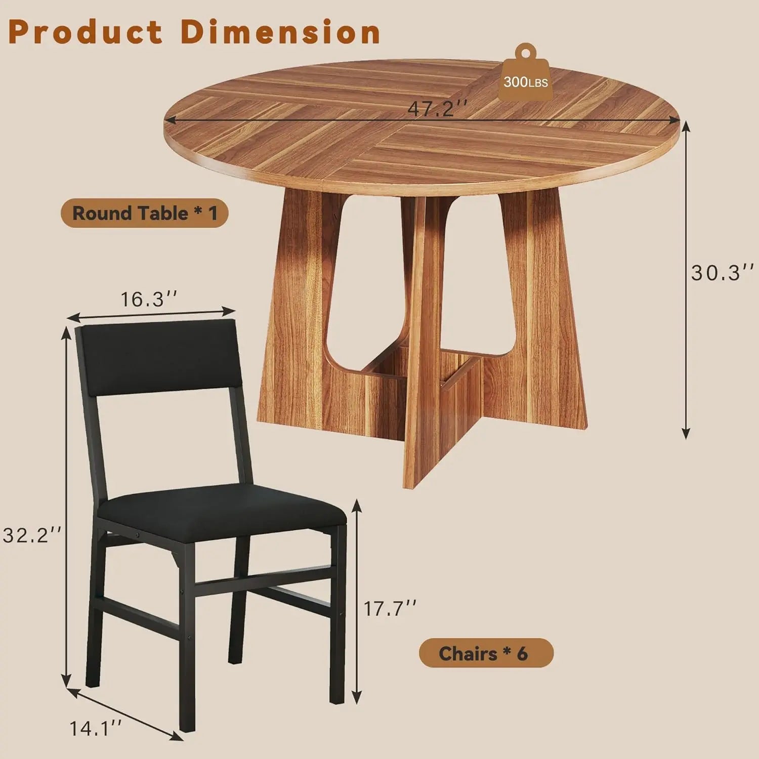 7-Piece Round Dining Table Set for 6, 47'' Wood Base Table with 6 Chairs, Brown, Space-Saving Kitchen & Living Room Furniture