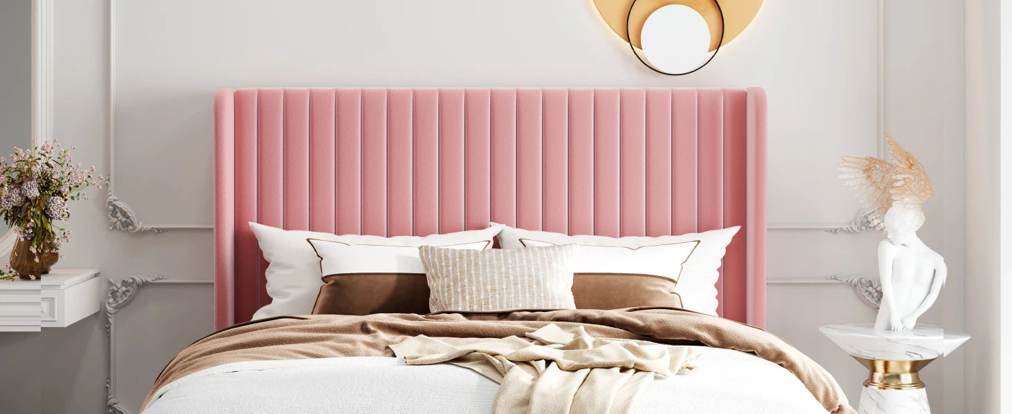 Velvet Upholstered Bed Frame – Vertical Channel Tufted Wingback Headboard
