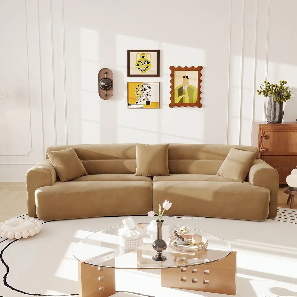 Boneless Couch with Deep Seats, 110" W Curved Lazy Sofa with Soft Armrests and 3 Small Pillows, Lounge Sofa, Big Mid Century