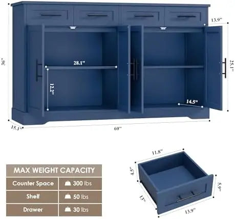 60' Modern Buffet Sideboard with 4 Drawers, Gold Handles, Blue Kitchen Cabinet