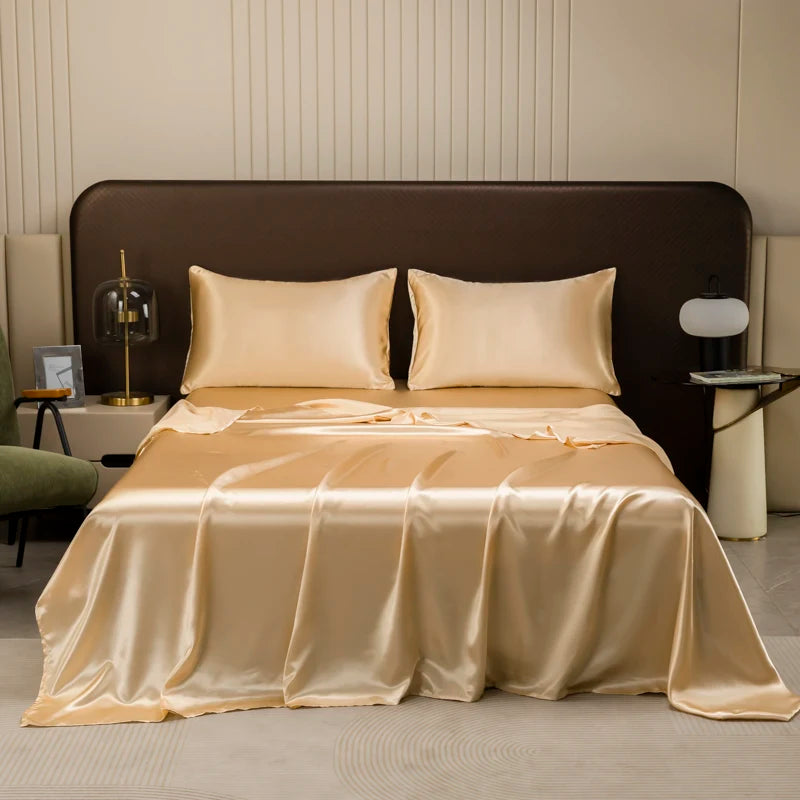 Opulent Solid Color Satin Bedding Set,Includes Flat Sheet, Fitted Sheet, Pillowcases,Luxury Linens for a Royal Sleep Experience