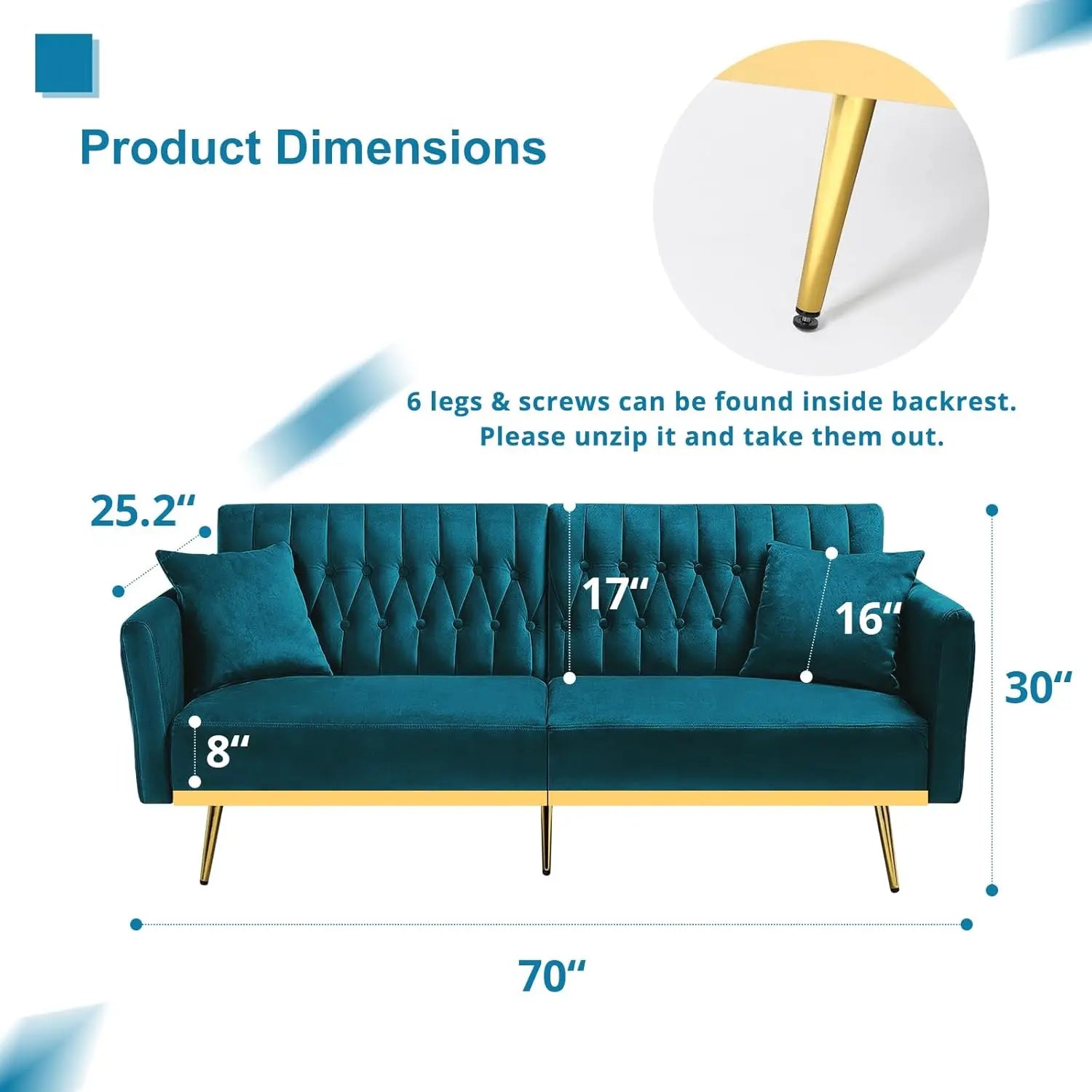 70' Velvet Futon Sofa Bed with Adjustable Armrests & Backrest, Convertible Sleeper Couch, Modern Futon with 2 Pillows, Teal