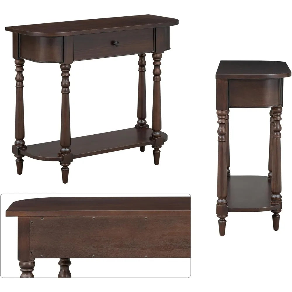 36-Inch Small Curved Console Table - Retro Farmhouse Style Wood Entry Sofa Table with Drawer and Storage Shelf for Living Room H