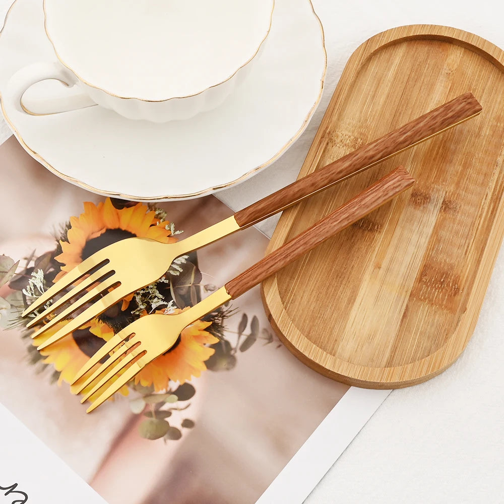 20Pcs Creative Rose Tableware Imitation Wood Handle Cutlery Set Knife Dessert Fork Spoon Dinnerware Set Stainless Steel Flatware