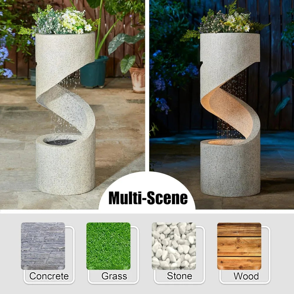 Tiered Outdoor Water Fountain with LED Lighting, Curved Stone Planter Faux Terrazzo Style