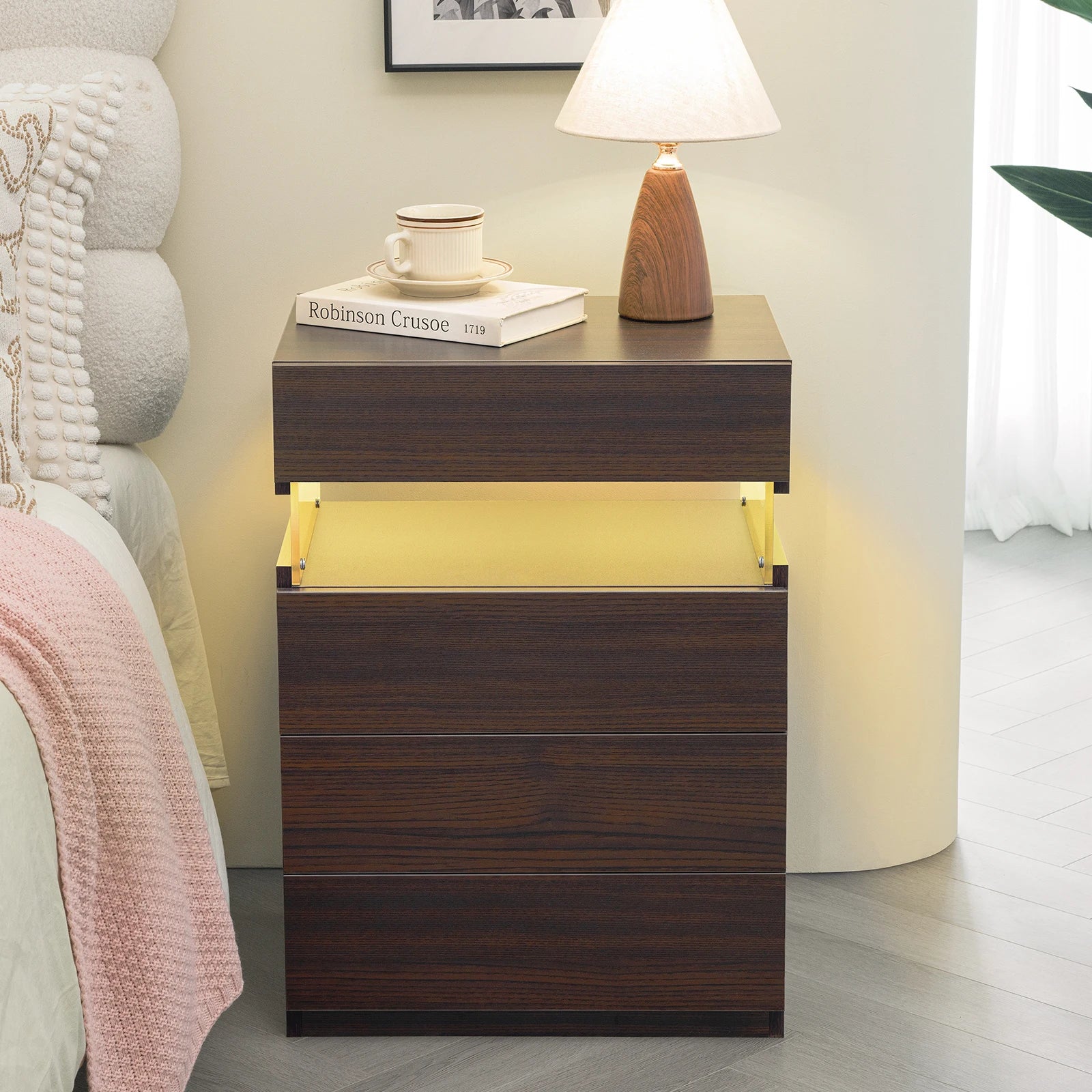 Cubehom LED Nightstand,Modern Night Stand with 4 Drawers,Large Capacity,Multi-Color LED Lights,End Side Table for Bedroom