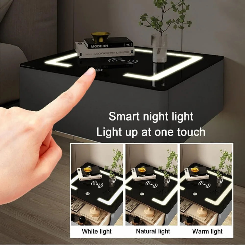 Smart Nightstand with LED Light and Wireless Charging, Adjustable and Sensor-Activated Bedside Table