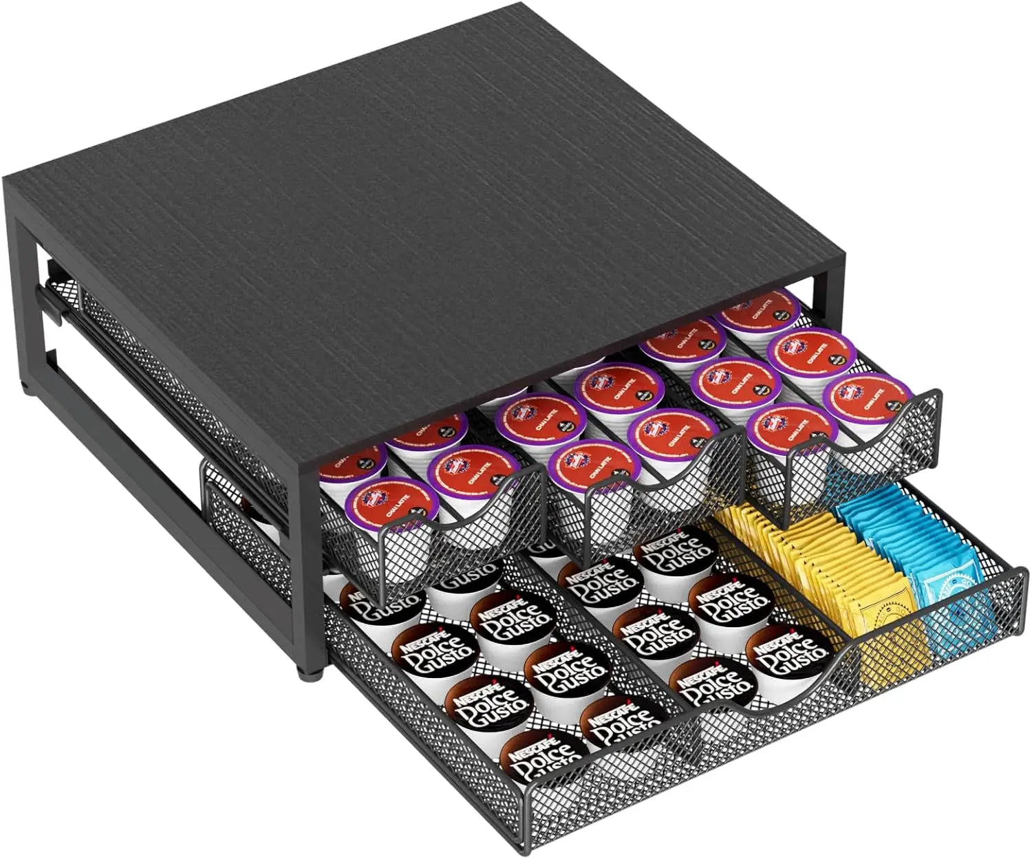 3-Pull-Out Coffee Pod Holder – 72 K-Cup Wooden Sliding Organizer (Black)