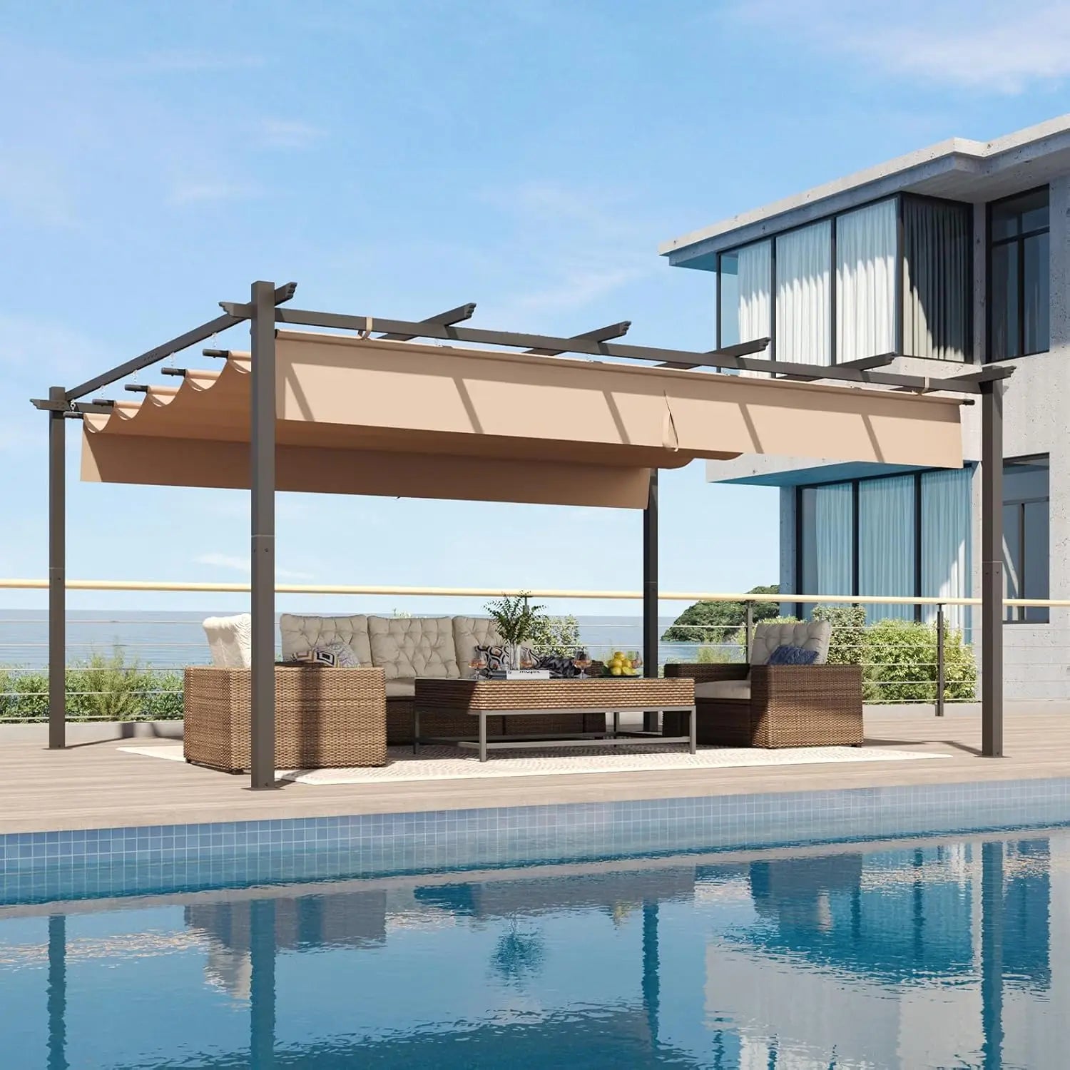 12x16 Outdoor Pergola, Patio Aluminum Pergola with Upgraded Retractable Canopy, Heavy Duty Metal Pergolas and Gazebos with