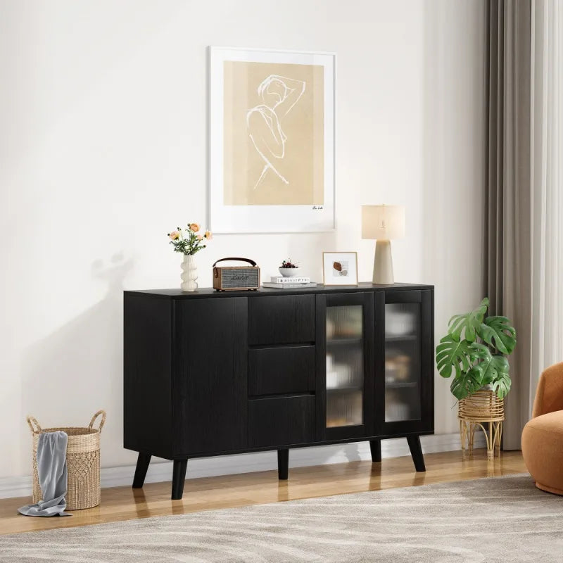 Black Sideboard Buffet Cabinet with Storage Drawers and Glass Door Modern Kitchen Dining Room Furniture Living Room Organizer