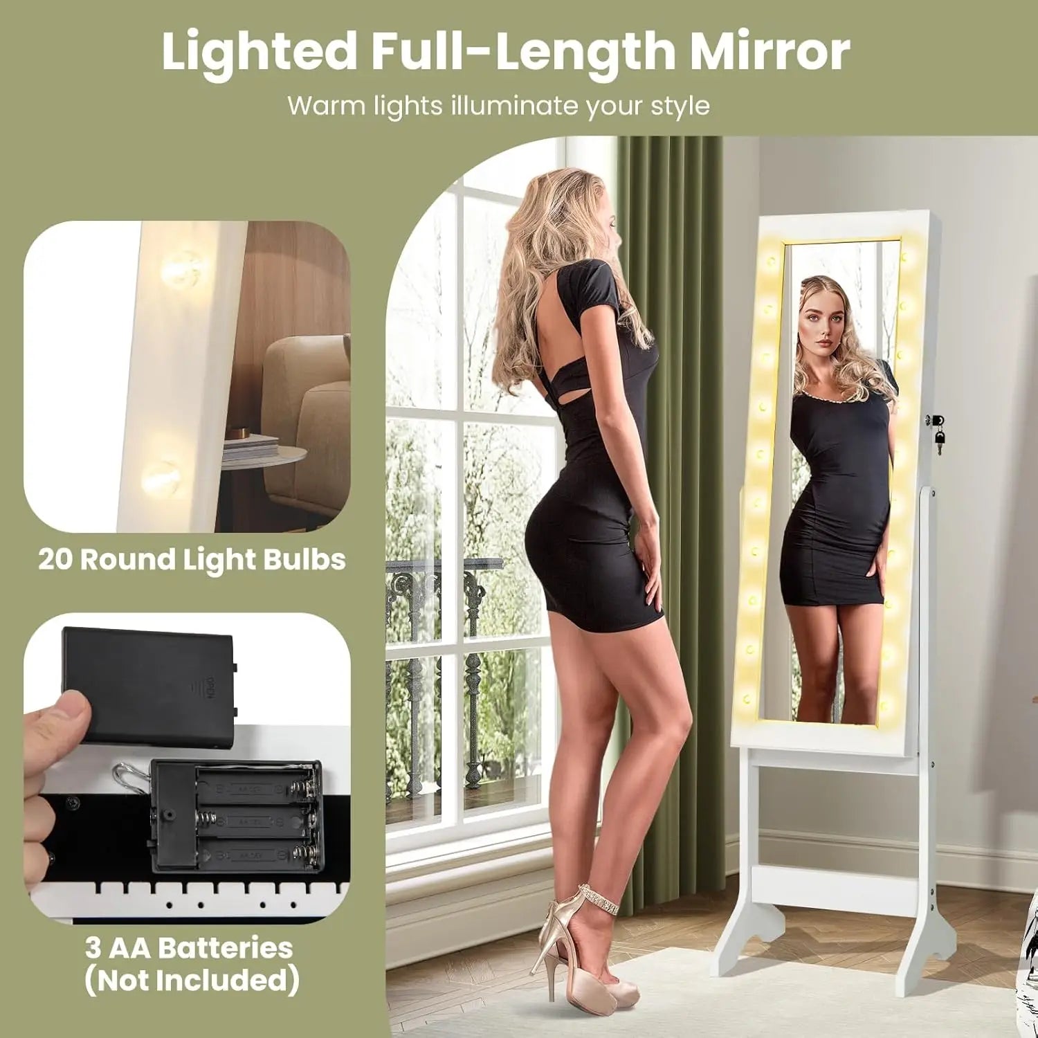 Standing Jewelry Armoire with Lighted Full Length Mirror, Lockable Jewelry Cabinet Organizer with 20 LED Lights