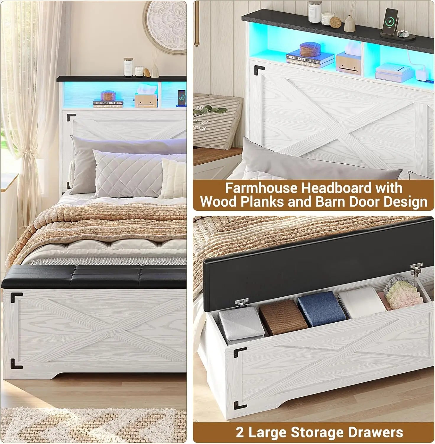 Grey King Size Upholstered Bed Frame with Bookcase Headboard – 4 Drawers & Hidden Storage