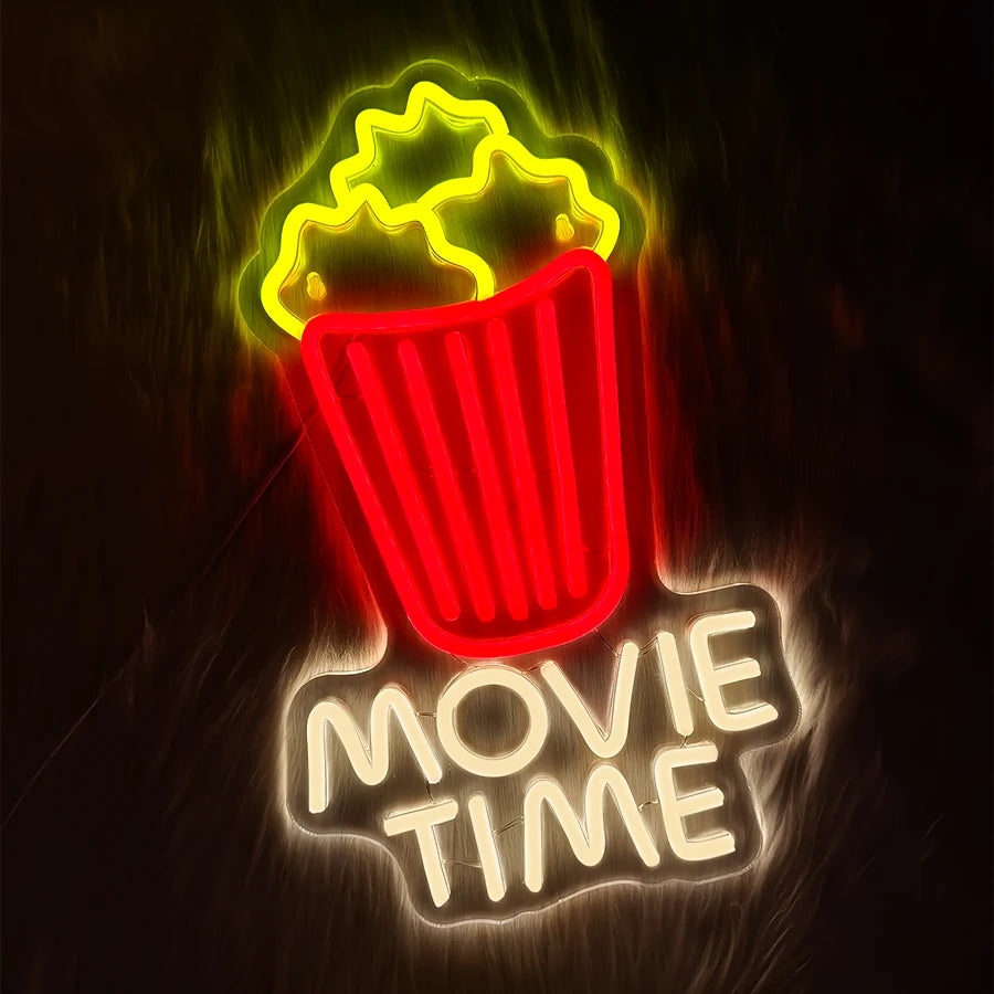 Movie Time Neon Sign Popcorn Cinema LED Light USB Powered Neon for Wall Decor Film Cinema Room Party Man Cave