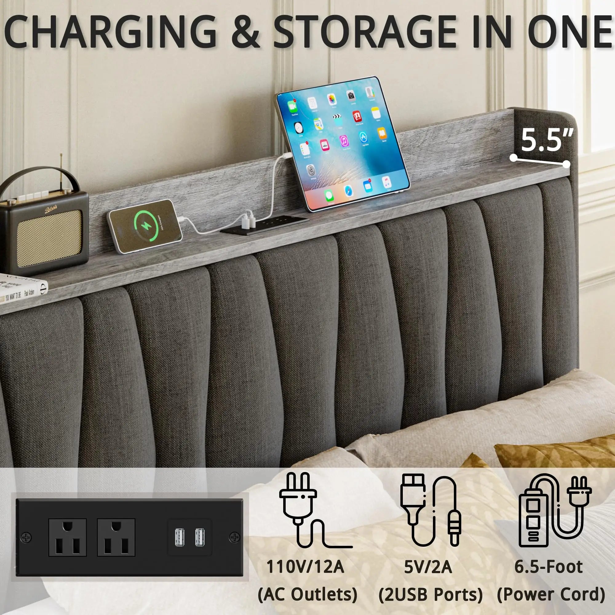 Upholstered Platform Bed Frame with 3 Storage Drawers – Storage Headboard & Charging Station