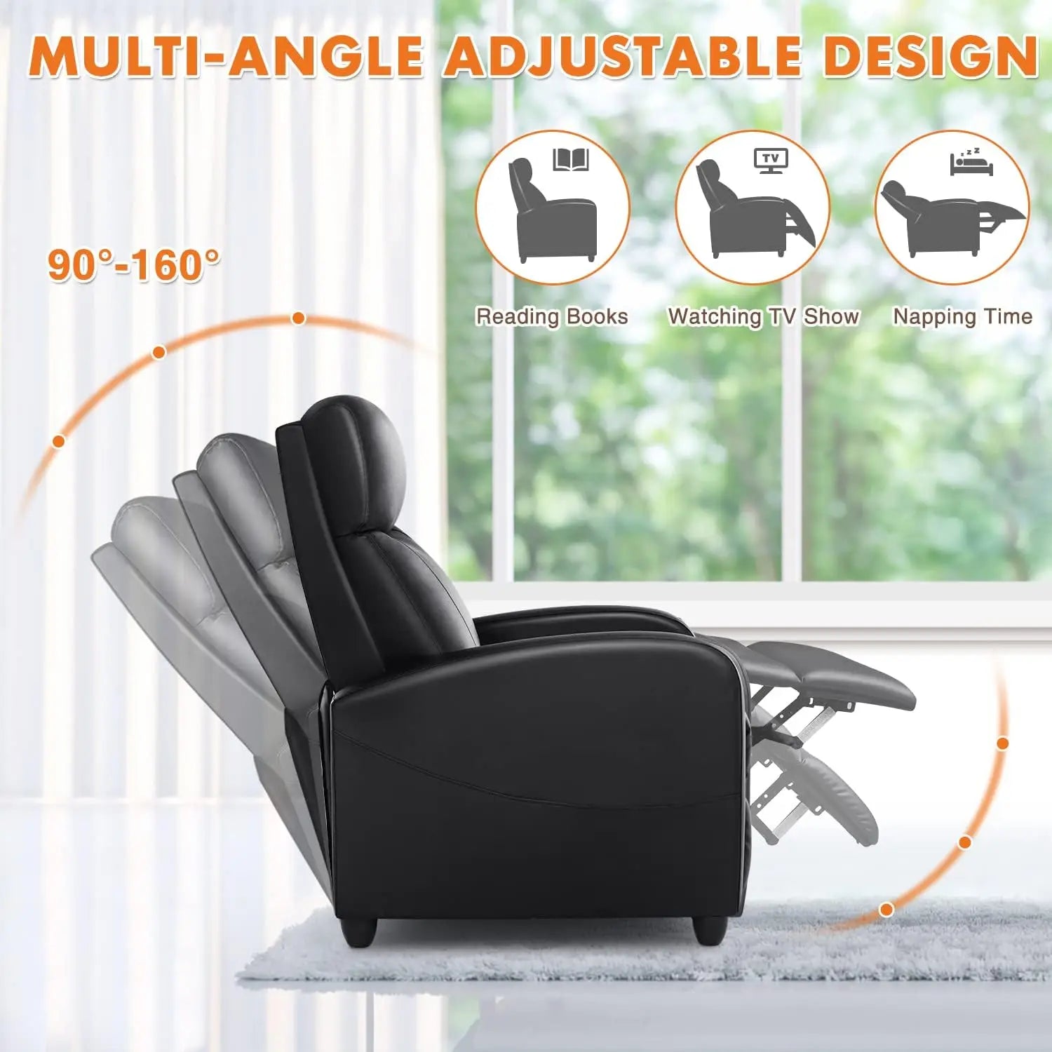 Adjustable Massage Recliner Chair with Lumbar Support, Modern Fabric Black Home Theater Seating