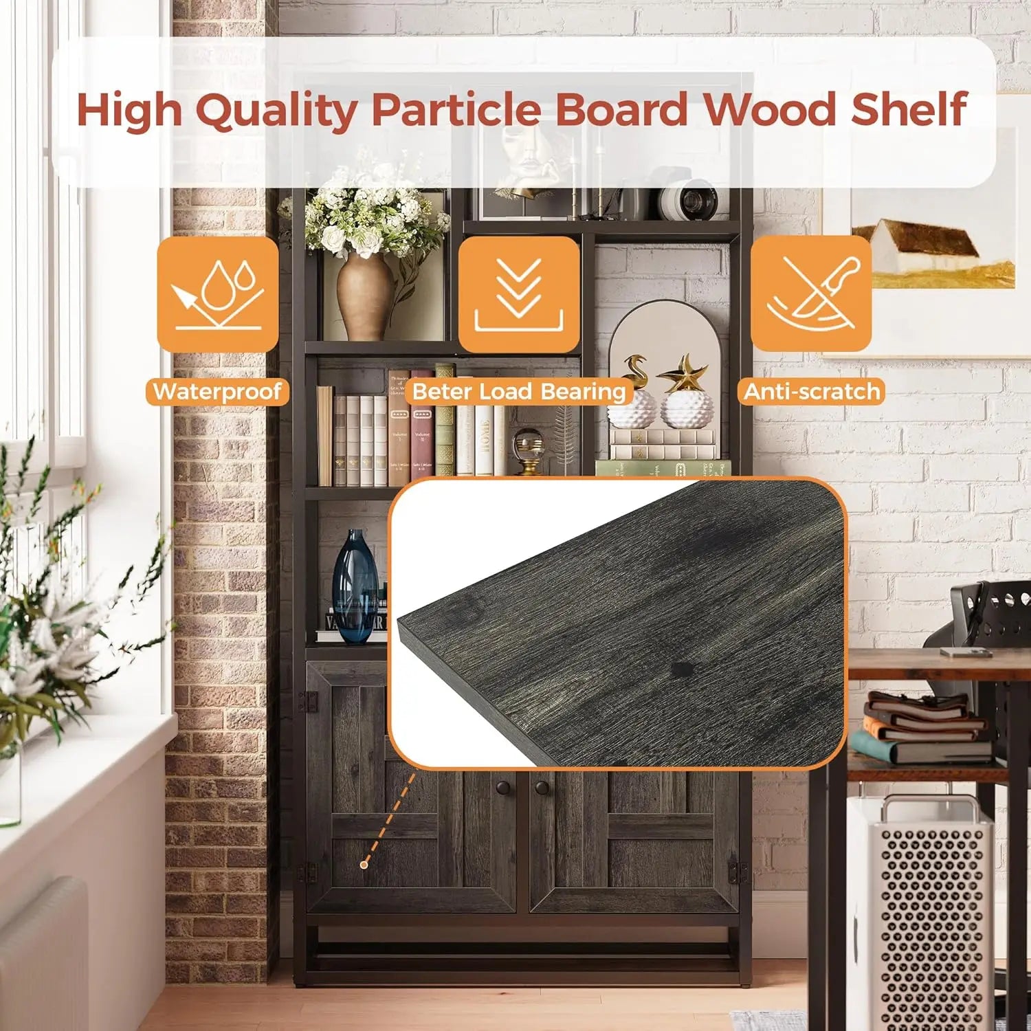 6-Tier Geometric Bookshelf with Doors – 35.4″ Wide Storage Bookcase