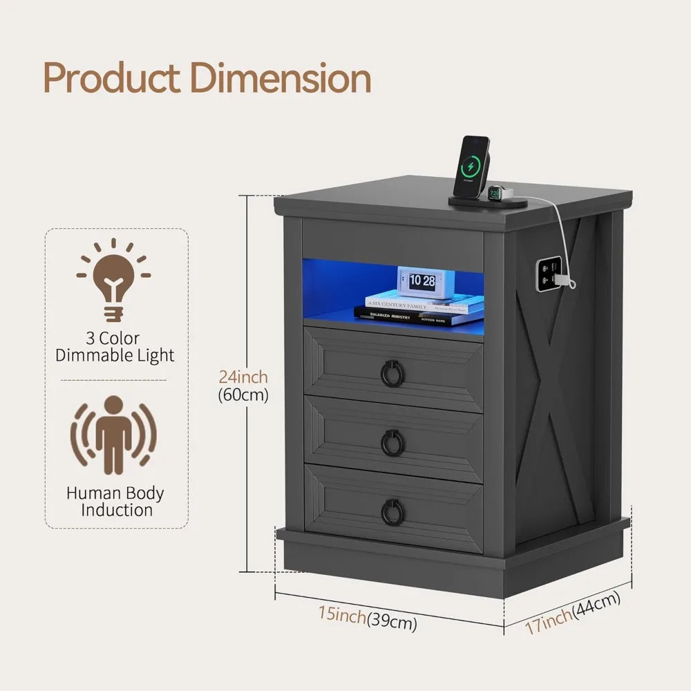 Farmhouse Nightstand with Gun Drawer | Human Sensor LED Bedside Table