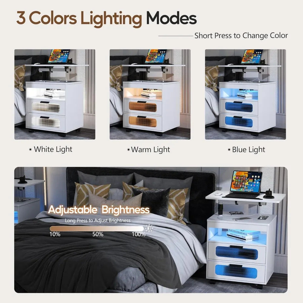 LED Nightstand with Wireless Charging Station, Bedroom Night Stand with Adjustable Rotary Study Table/Workable, Smart Bedside