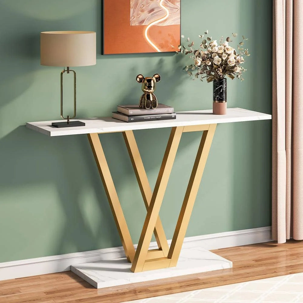 43 in. Faux Marble White 32in. Height MDF Gold Console Table, Modern Hallway Table for Entryway, Sofa Table