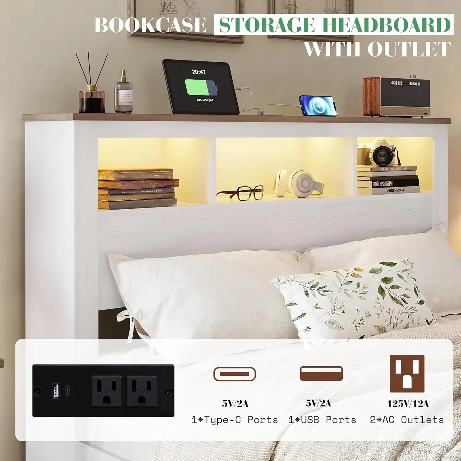 Farmhouse King Size Storage Platform Bed Frame – Bookcase Headboard & Footboard