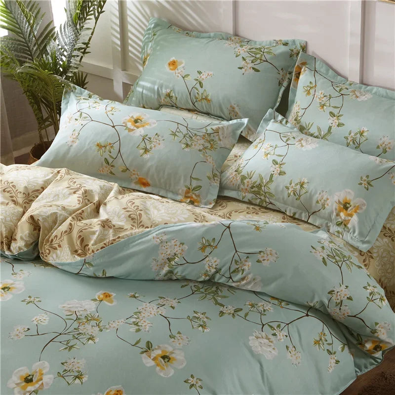 White Green Botanical Floral Duvet Cover Set Queen Reversible Gold Paisley Pattern Bedding Set Soft Microfiber Comforter Cover