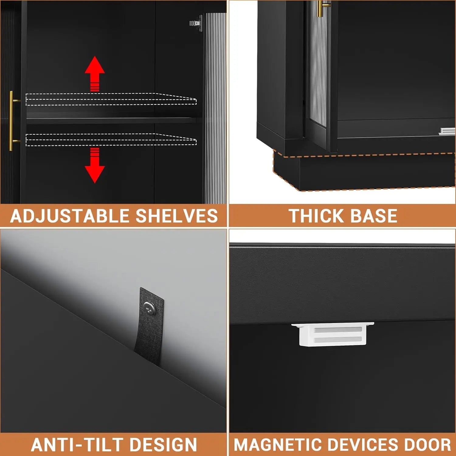 Buffet Cabinet with Storage 55.1" Large Wood Cabinet with 4 Fluted Glass Doors Black Modern Storage Cabinets for Dinning Room