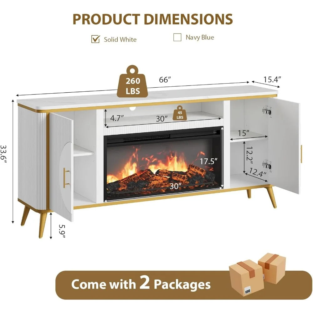 Modern Fluted Fireplace TV Stand for up to 80'' TVs with 30'' Electric Fireplace Luxury Media Console Adjustable Entertainment