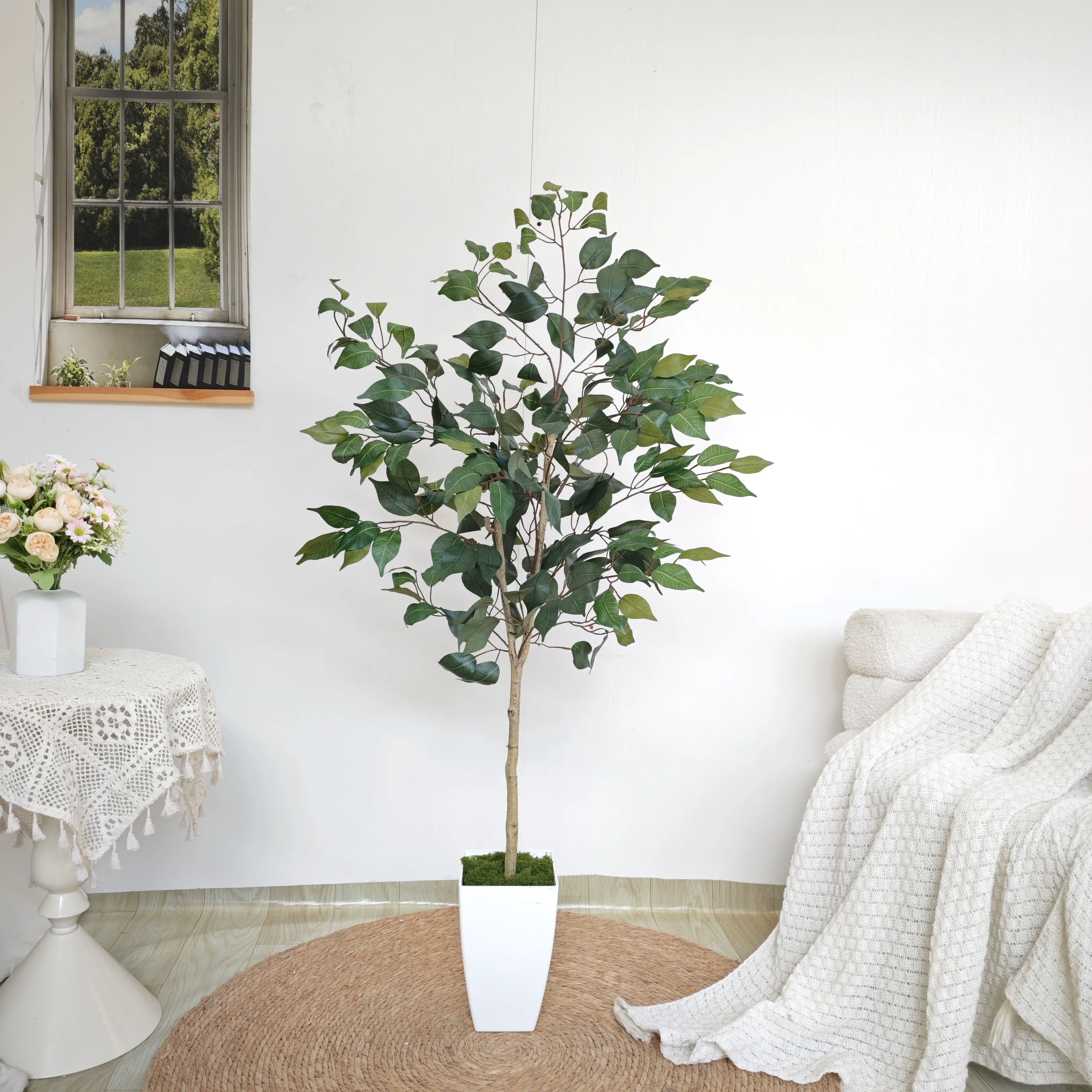 4.27ft Artificial Ficus Banyan Tree with Plastic Pot morden Indoor ornament fake plant for home Garden balcony living room decor