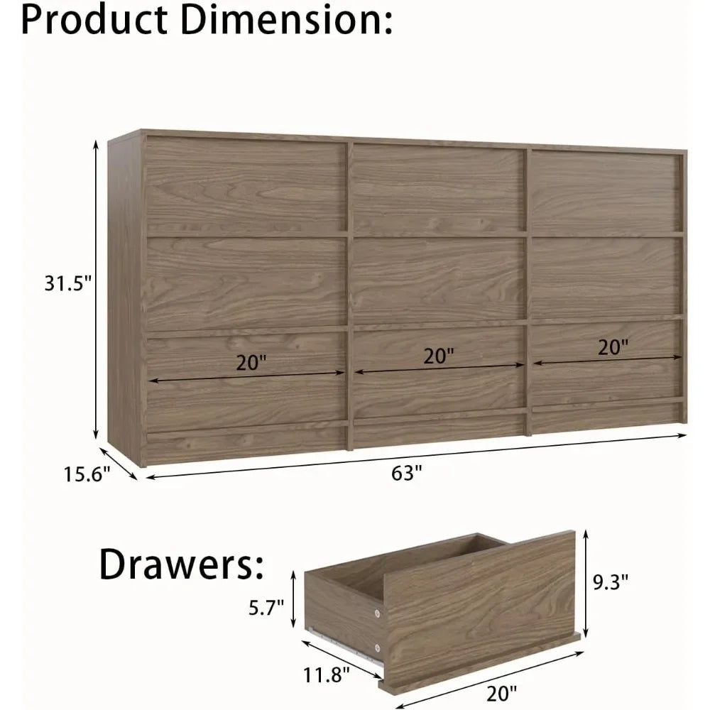 9 Walnut Drawer Dressers, Large Dresser Organizer for Bedroom, Wooden Long Dressers & Storage Chests of Drawers, Modern Wide Dre