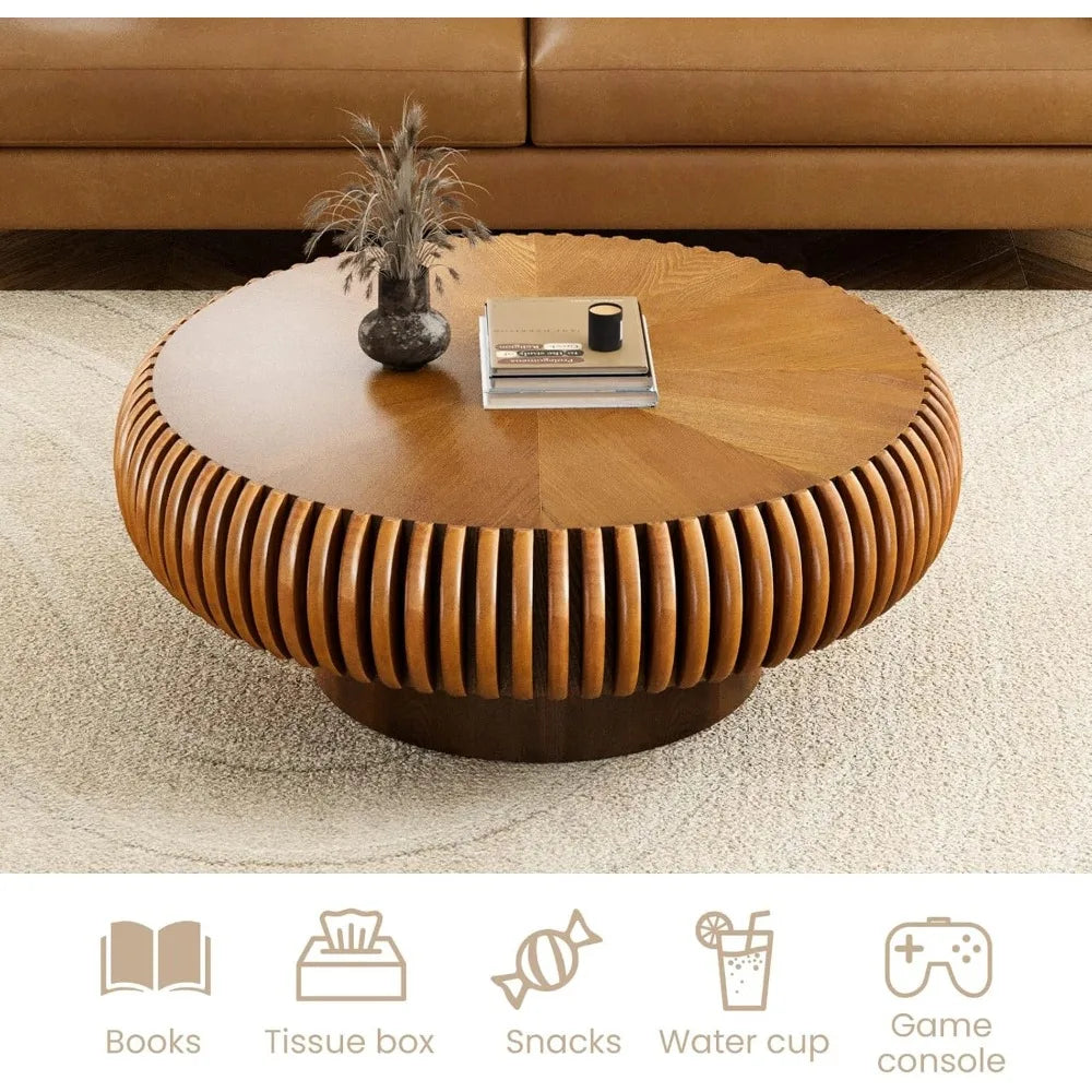 Fluted Drum Coffee Table – Round Mid-Century Modern Pedestal Center Table
