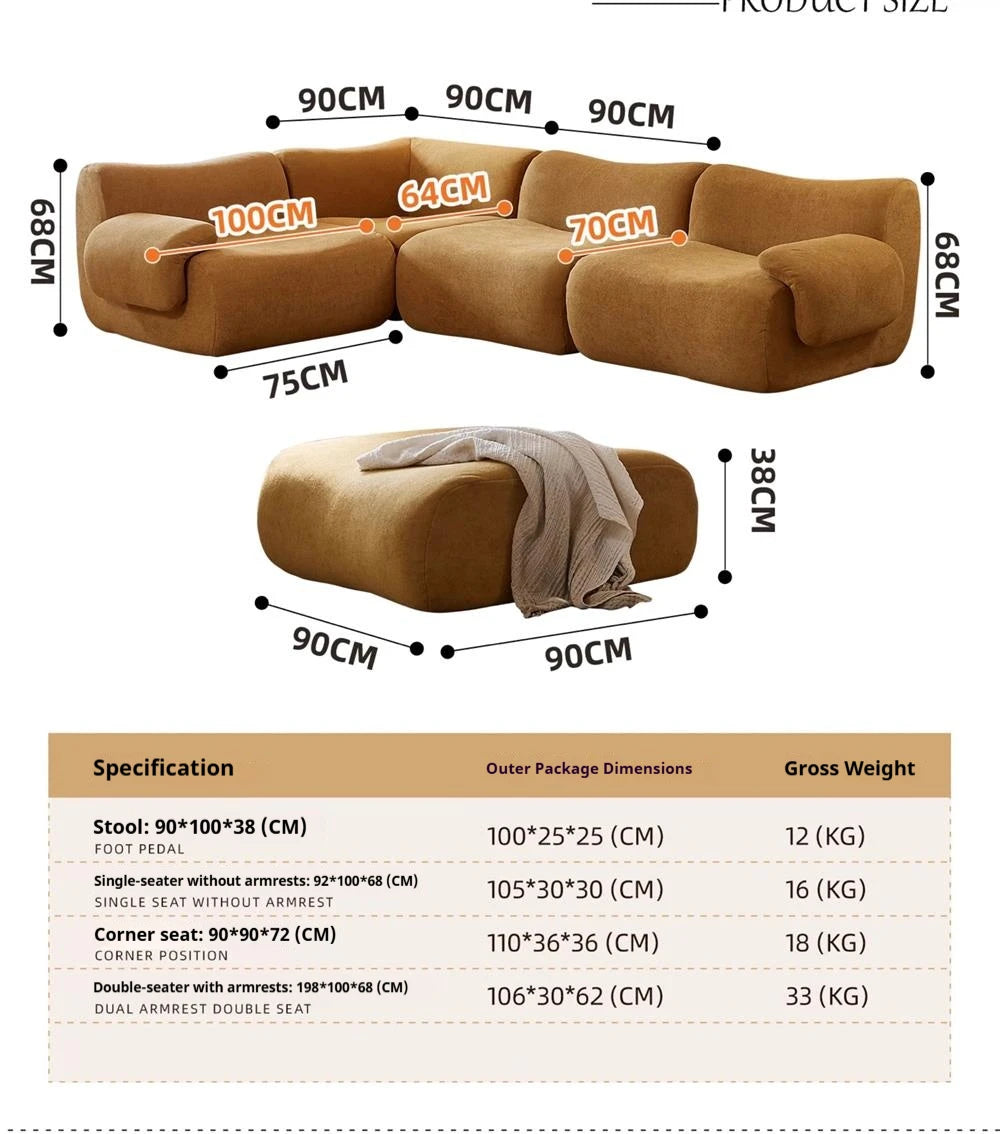 Vacuum-Compressed Modular Sofa, Wabi-Sabi Sherpa Fabric Sectional with High-Elastic Foam, Cream Mid-Century Style, Space Saving