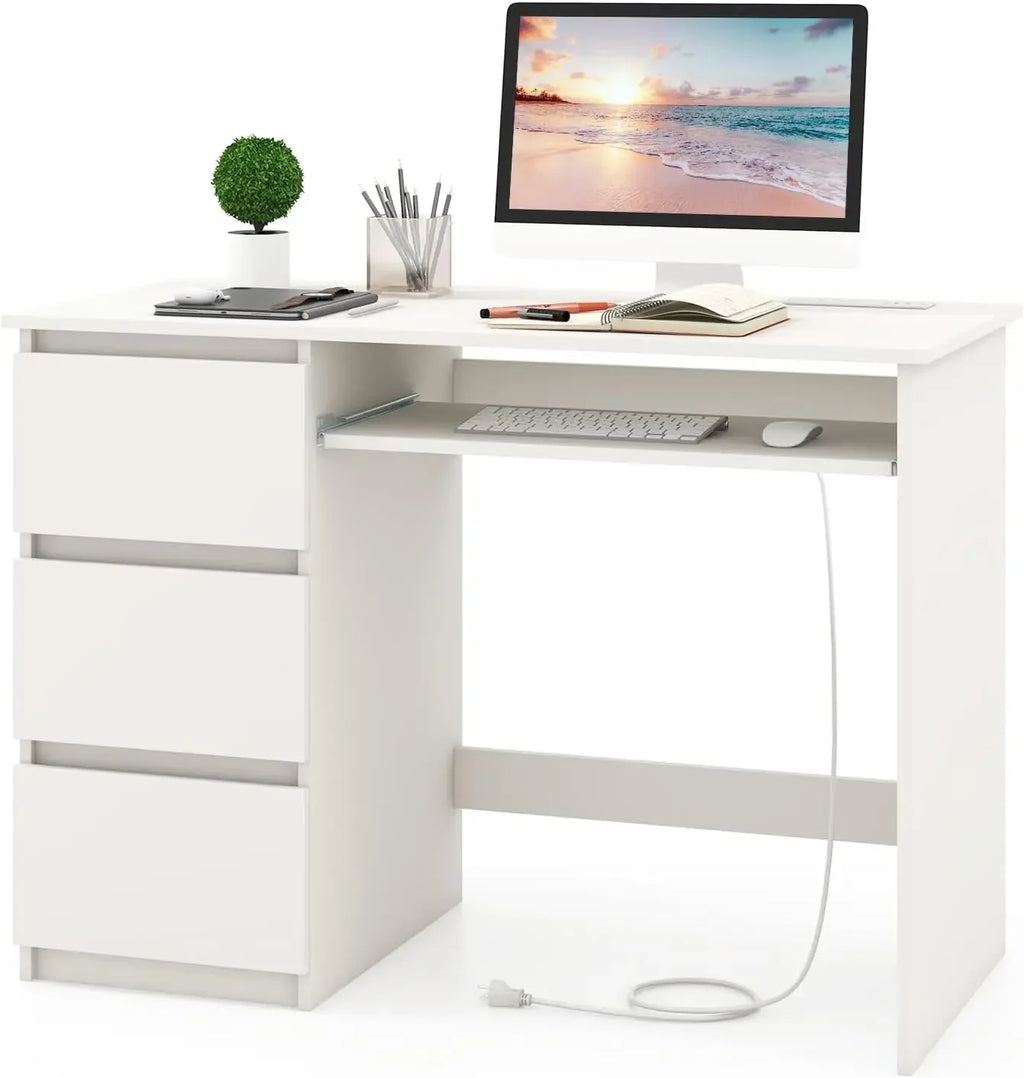Computer Desk with 3 Storage Drawers & Built-In Charging Station – Home Office PC Desk with Keyboard Tray