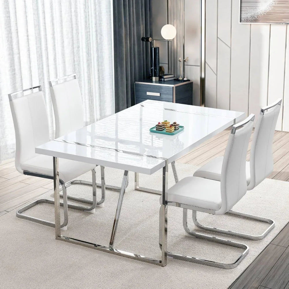 Modern White Dining Table Set for 4 – Rectangular MDF Kitchen Table with Leather Dining Chairs, 5-Piece Set
