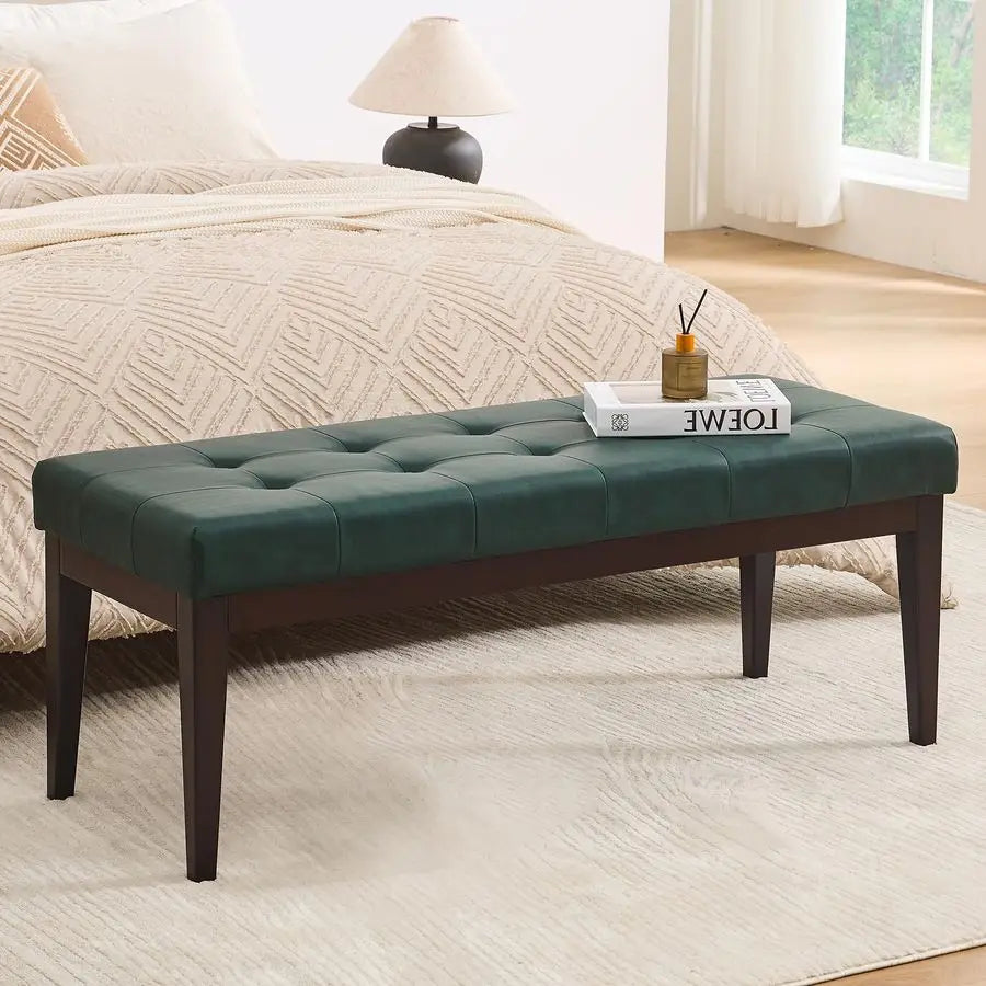 Button-Tufted Leather Ottoman Bench – 47.2″ Upholstered End-of-Bed Bench