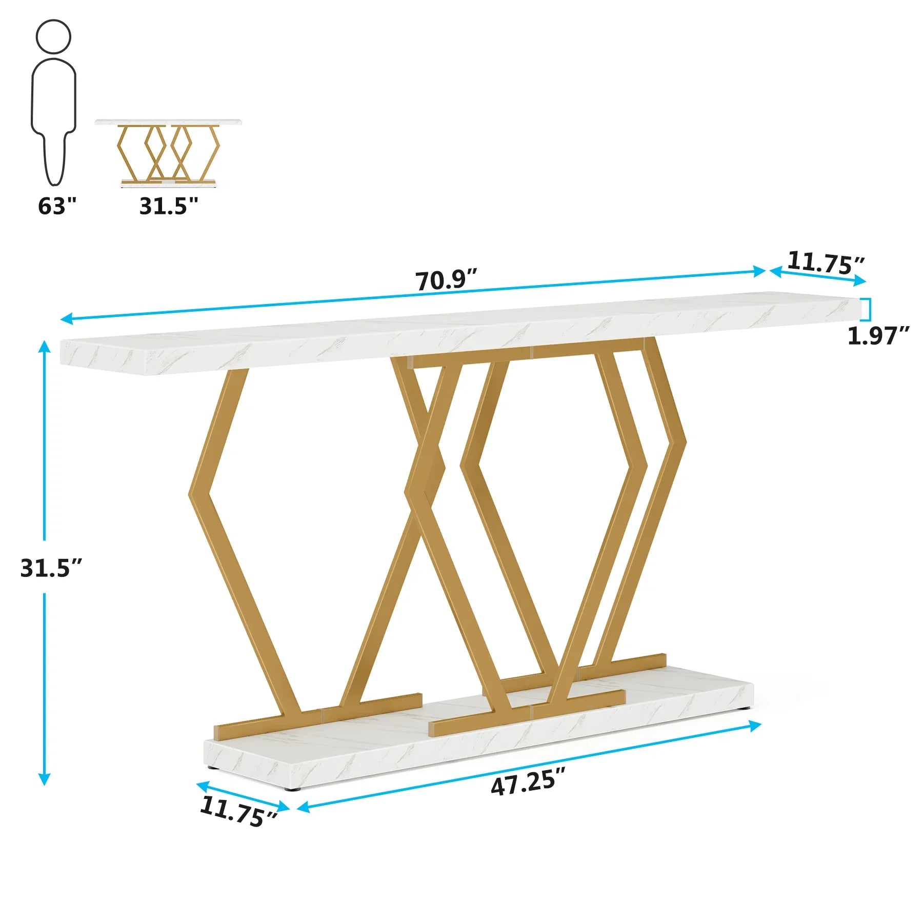 70.9 Inch Extra Long Sofa Table， White and Gold Console Table with Faux Marble Tabletop, Modern Long Entryway Table